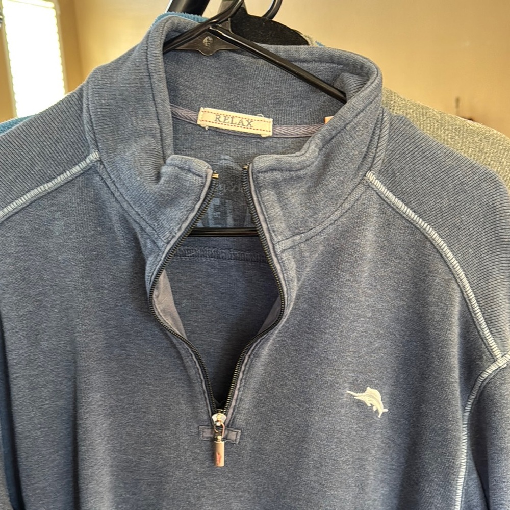 Tommy Bahama Blue Zip Up Sweater with Stand-Up Collar